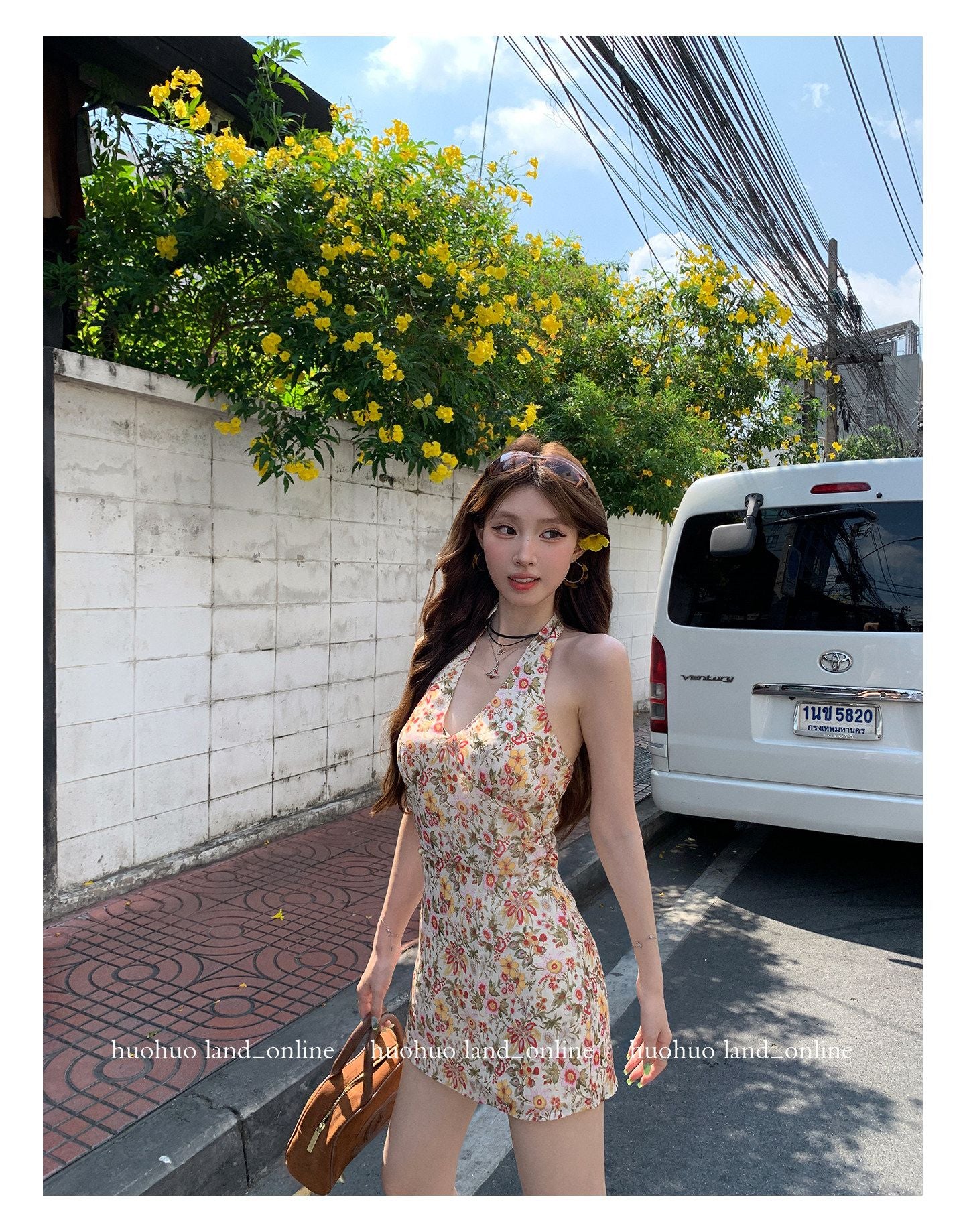 French Halter A-line Floral Dress