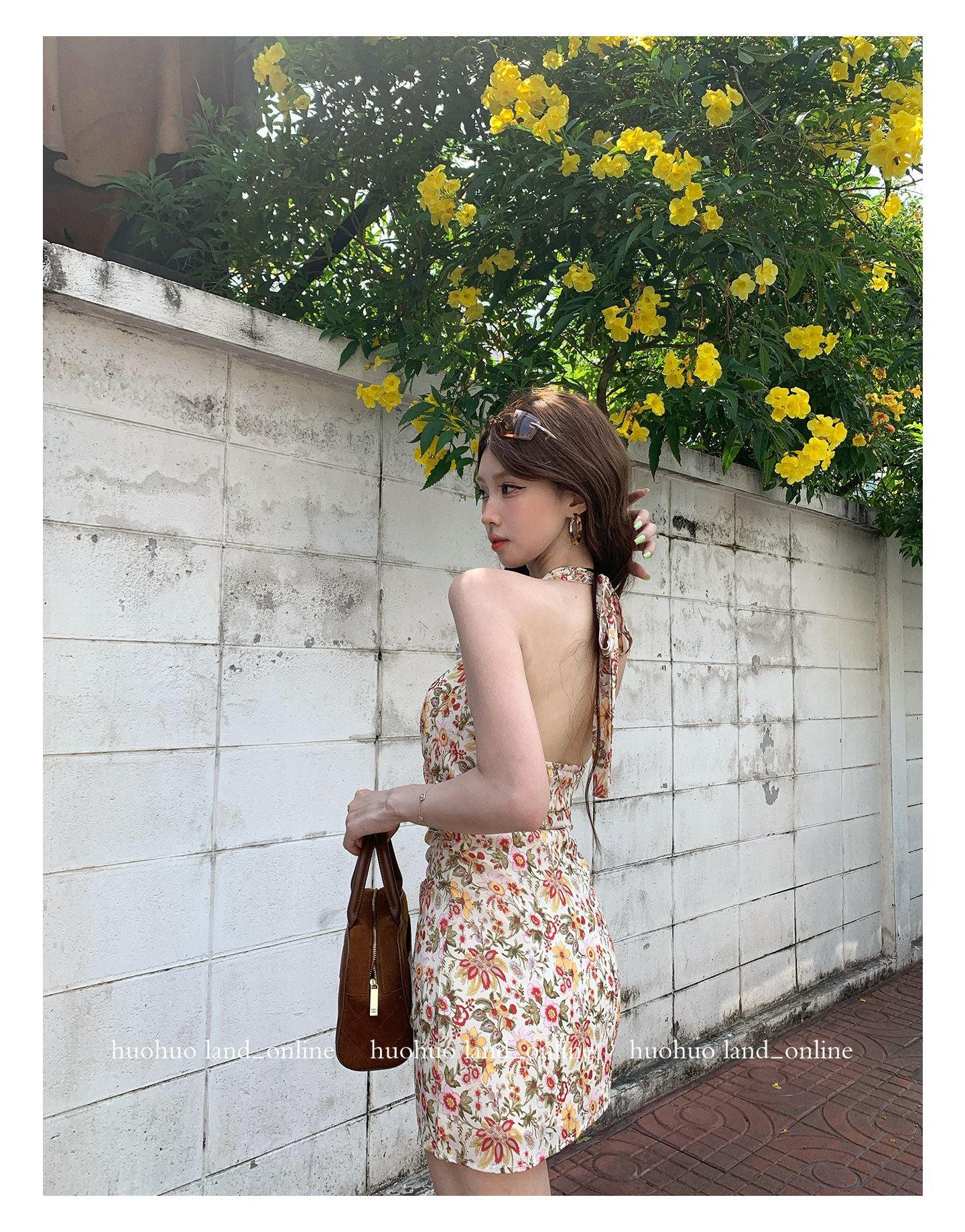 French Halter A-line Floral Dress