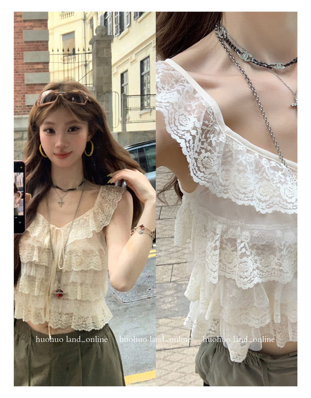 Lace Tie Cutout Spliced Cami