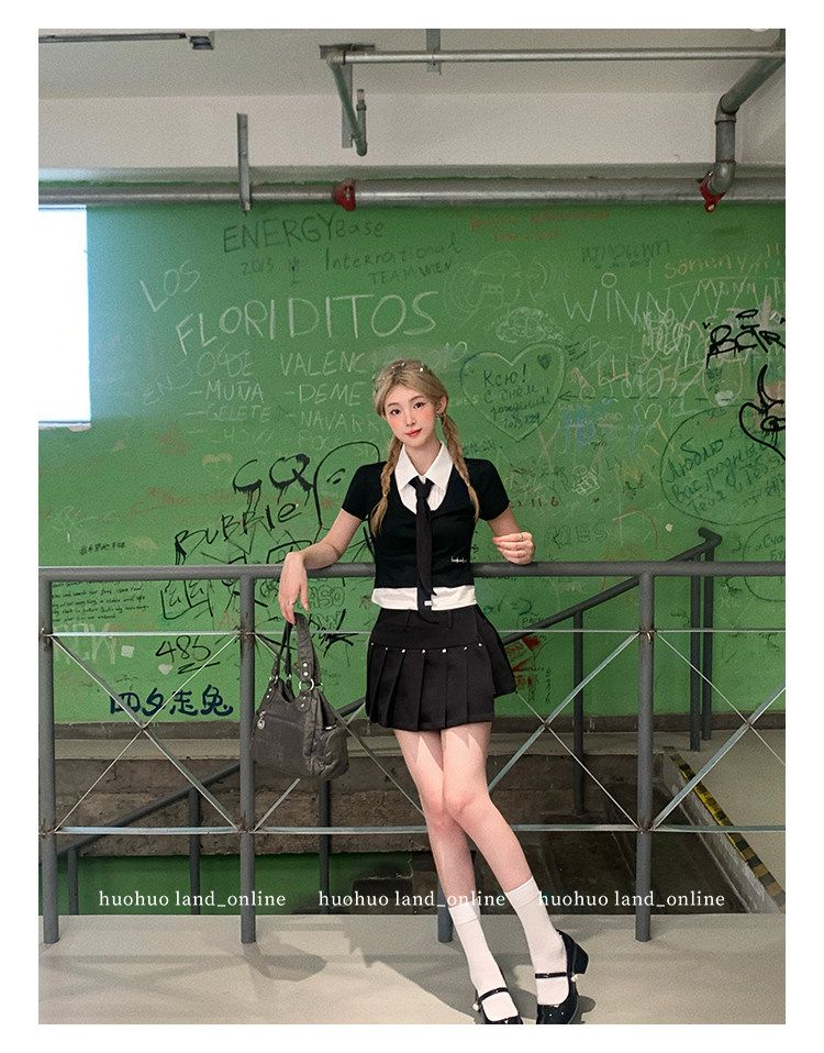 Mock Two-Piece Collared Top & Skirt Set
