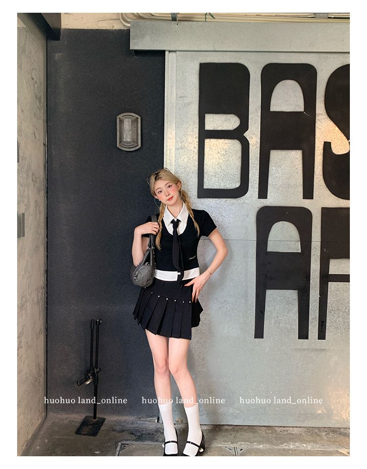 Mock Two-Piece Collared Top & Skirt Set