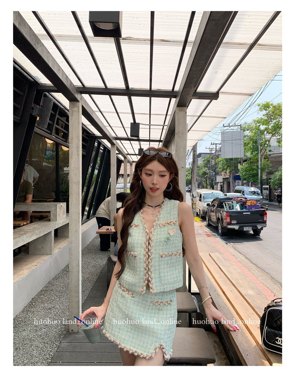Mint Green Woven Vest & Skirt Tweed Set