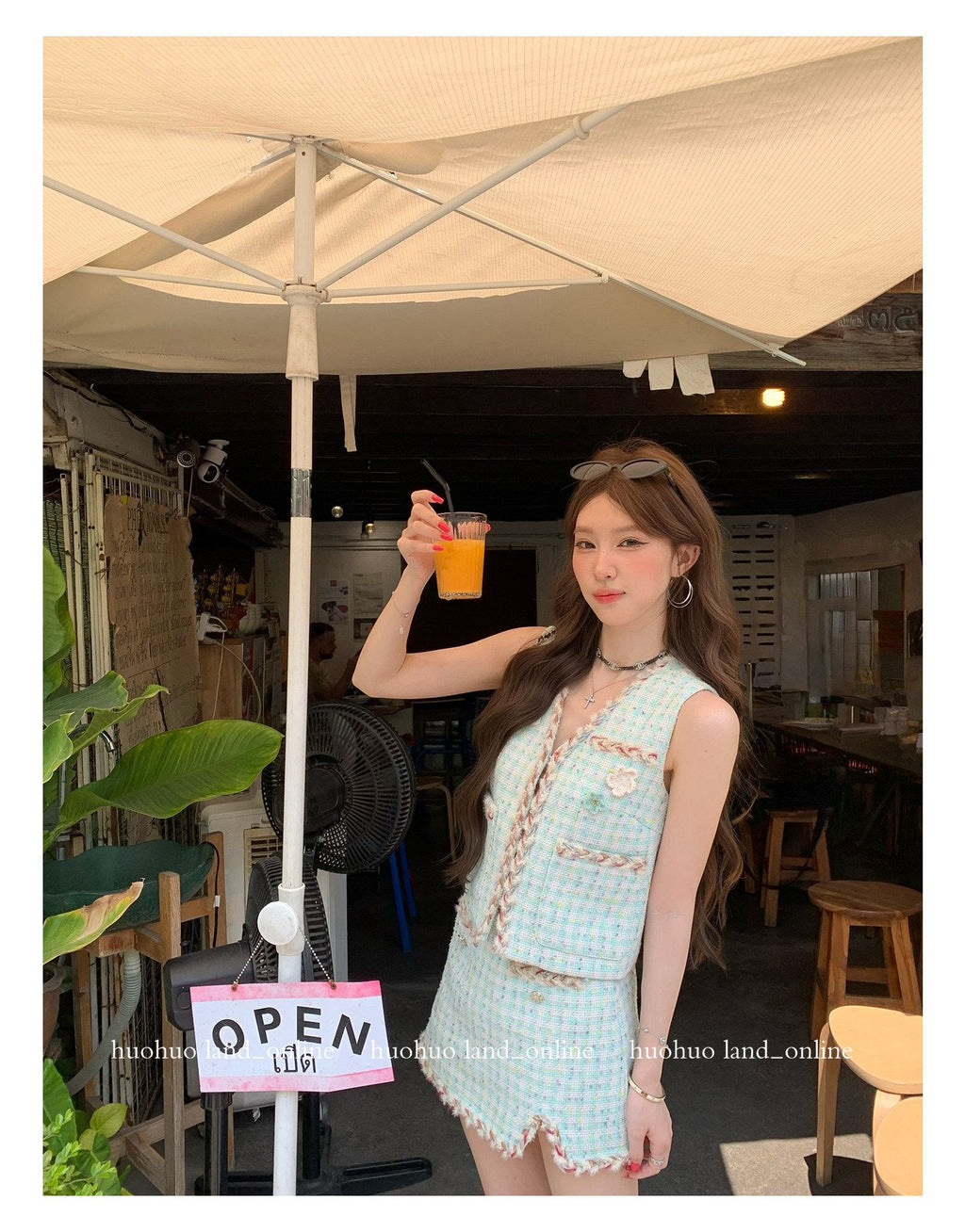 Mint Green Woven Vest & Skirt Tweed Set