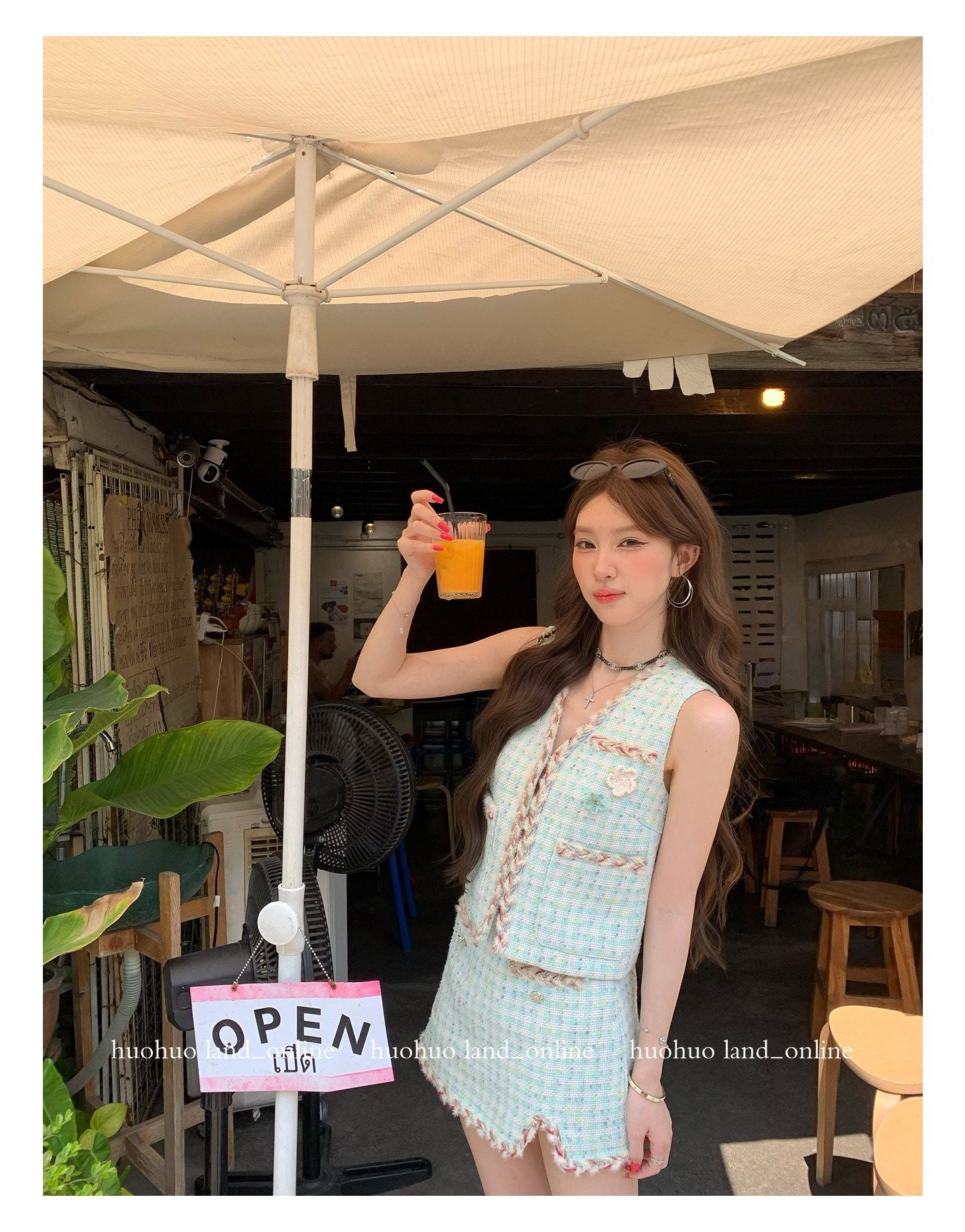 Mint Green Woven Vest & Skirt Tweed Set