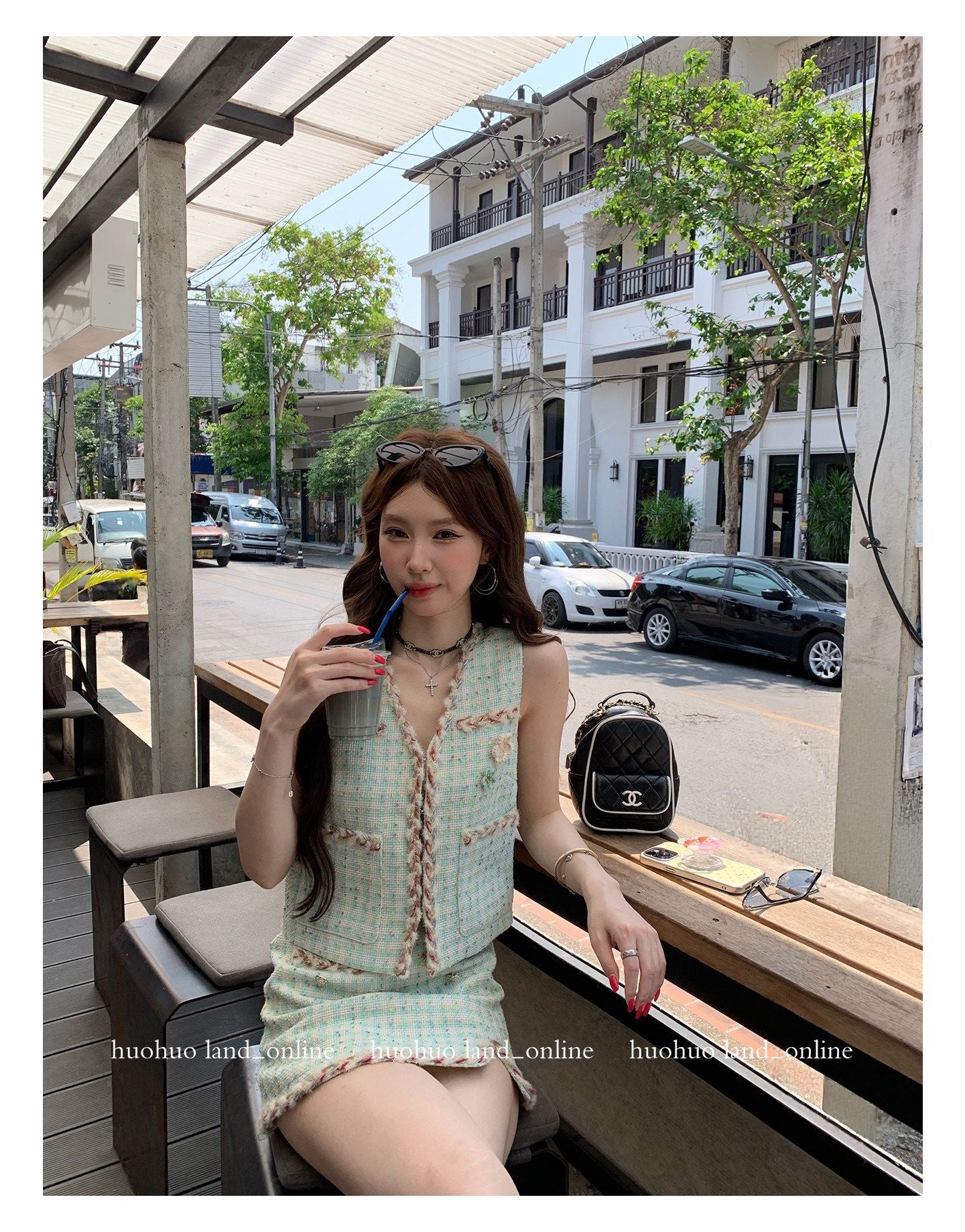 Mint Green Woven Vest & Skirt Tweed Set