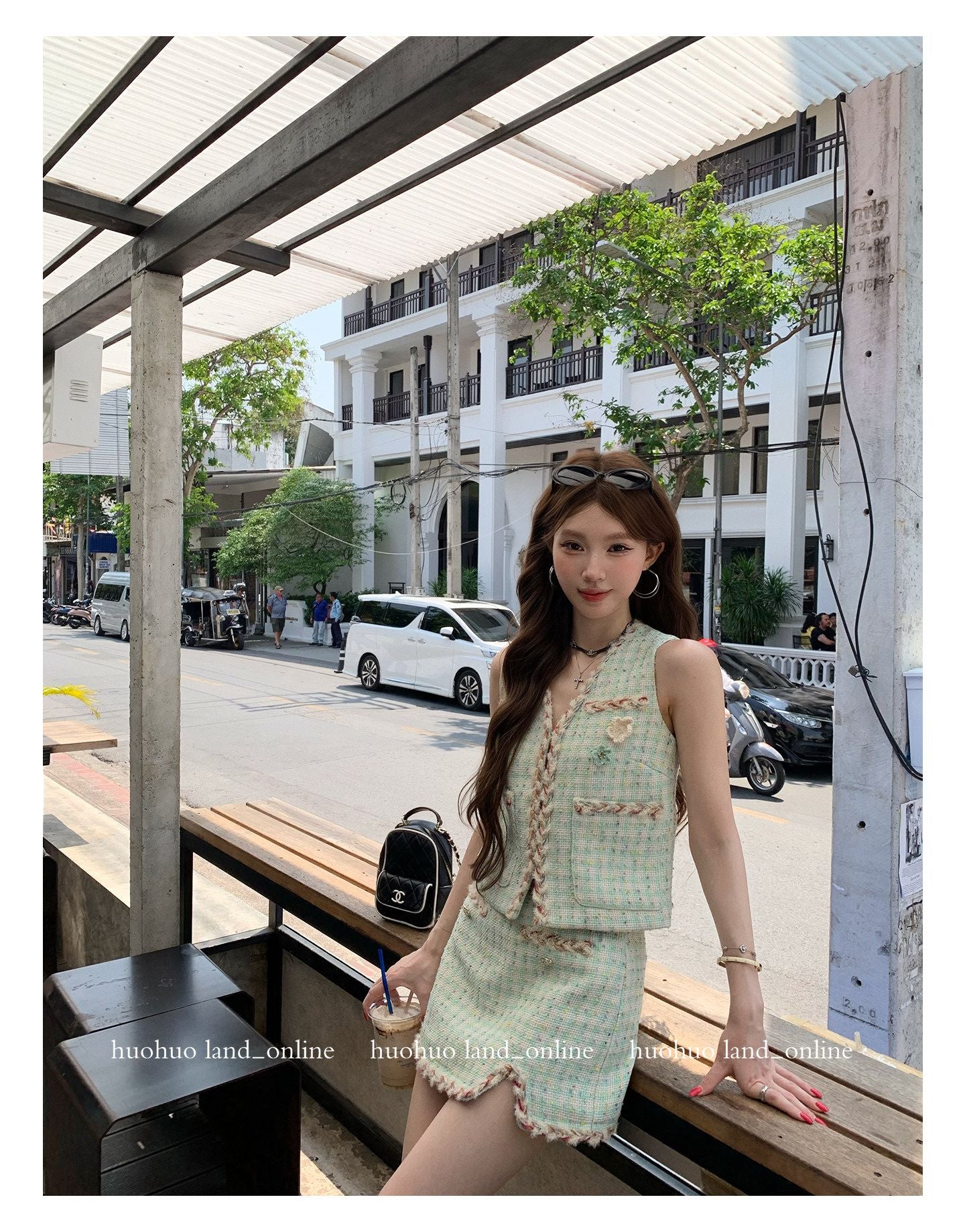 Mint Green Woven Vest & Skirt Tweed Set