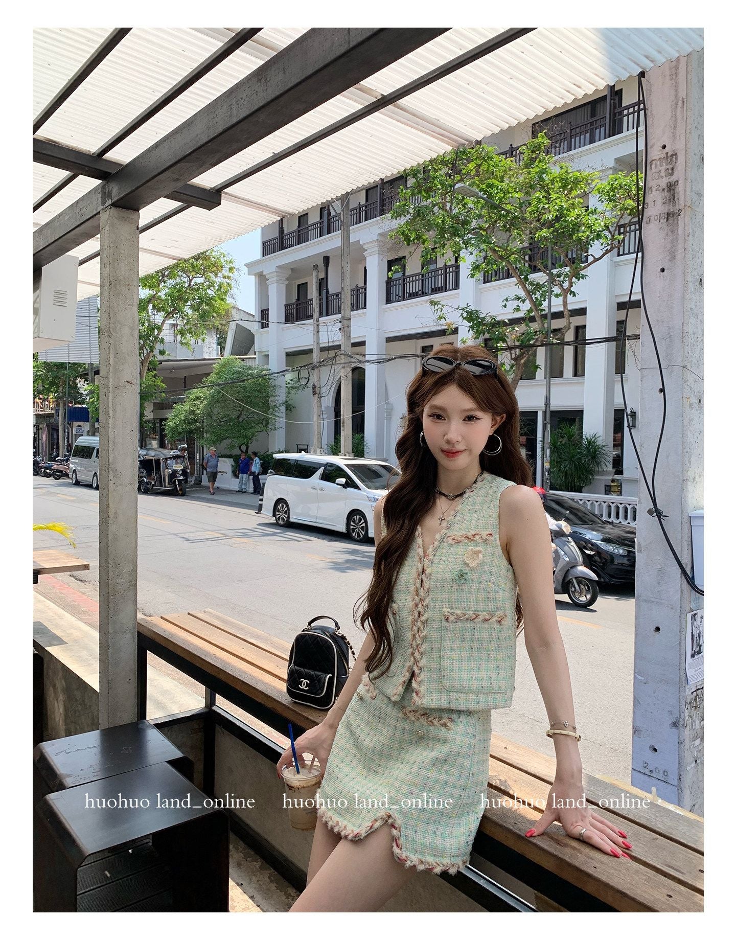 Mint Green Woven Vest & Skirt Tweed Set