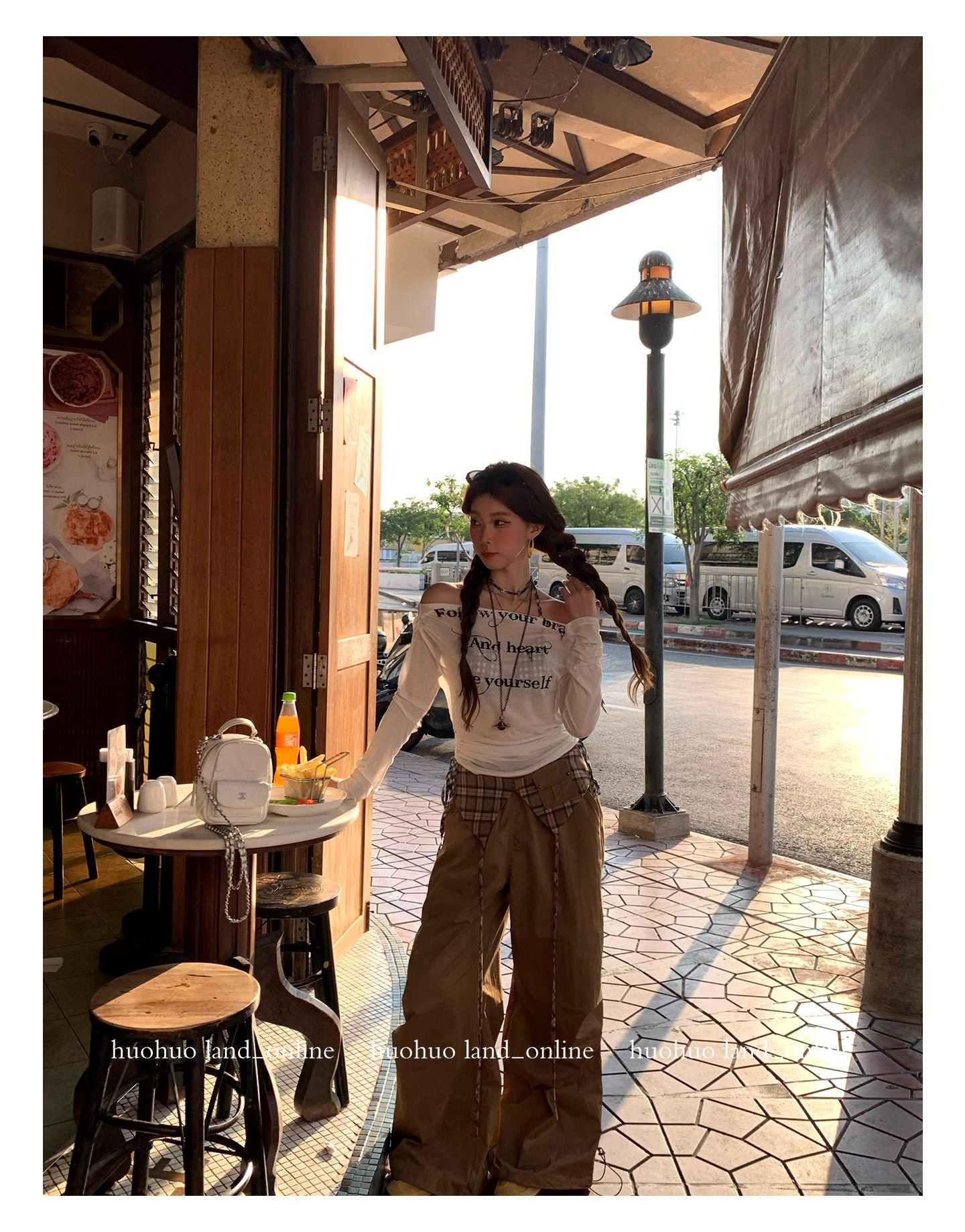 Off-shoulder Sheer Letter Print Tee & Plaid Cami Layering Set