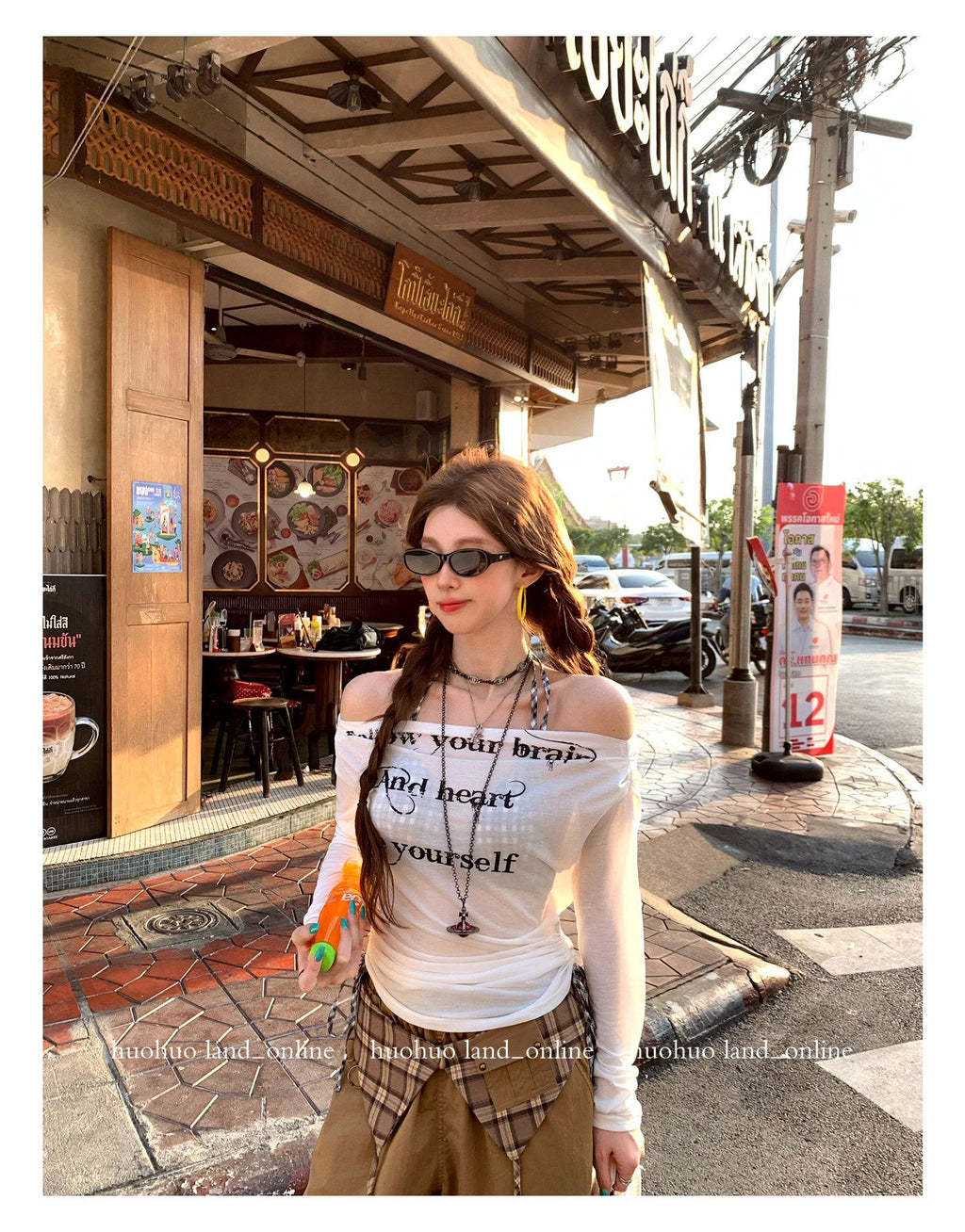 Off-shoulder Sheer Letter Print Tee & Plaid Cami Layering Set
