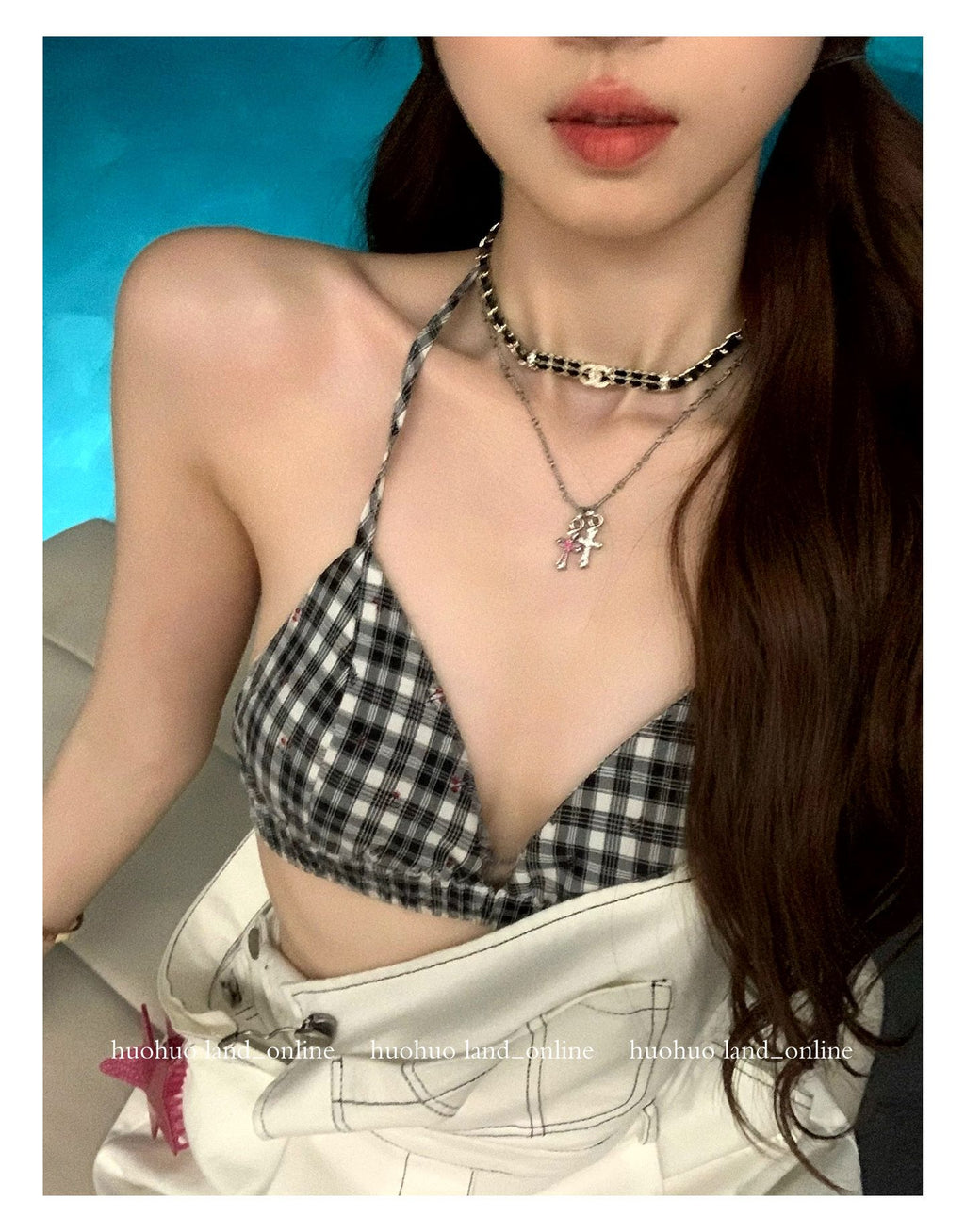 Off-shoulder Sheer Letter Print Tee & Plaid Cami Layering Set