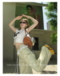 Lace Spliced Drawstring Straight Wide Leg Pants