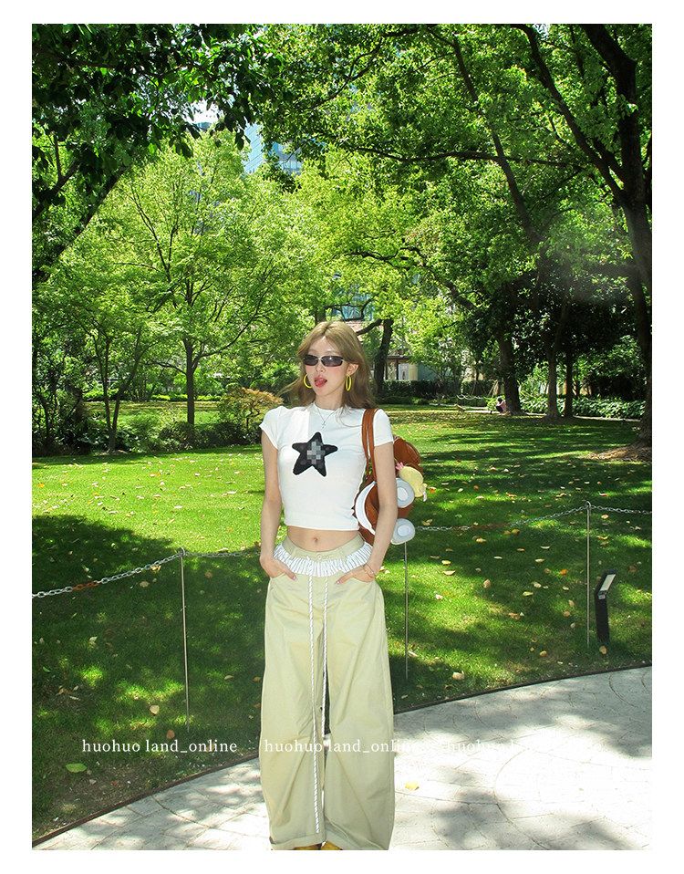 Lace Spliced Drawstring Straight Wide Leg Pants