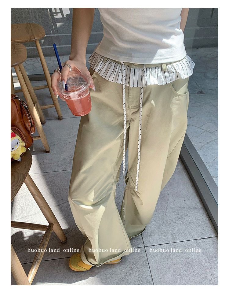 Lace Spliced Drawstring Straight Wide Leg Pants