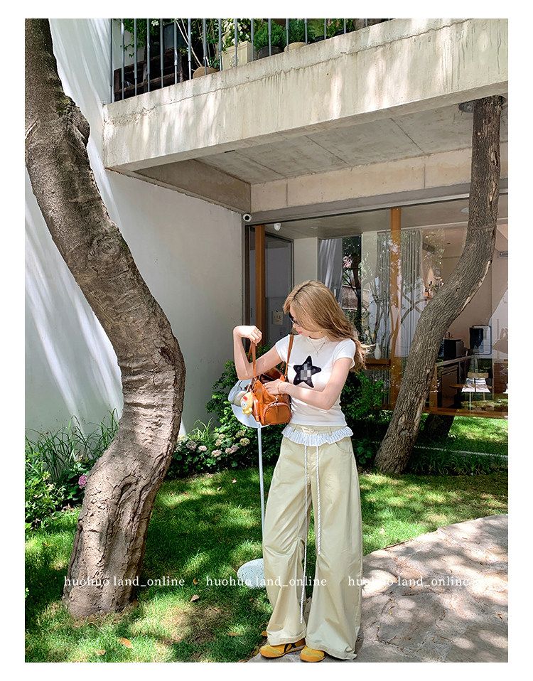 Lace Spliced Drawstring Straight Wide Leg Pants