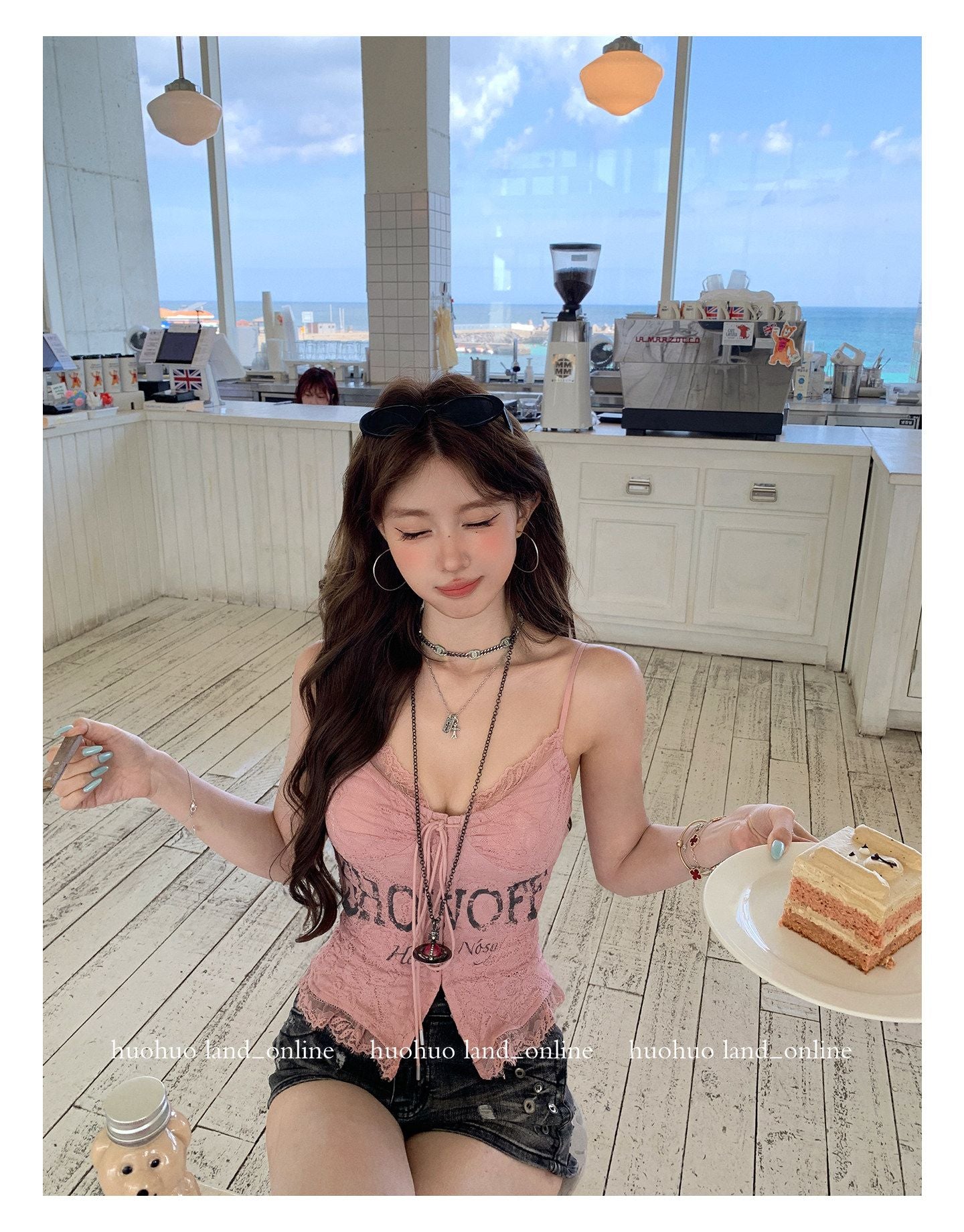Lace Spliced Letter Print Chiffon Cami Top