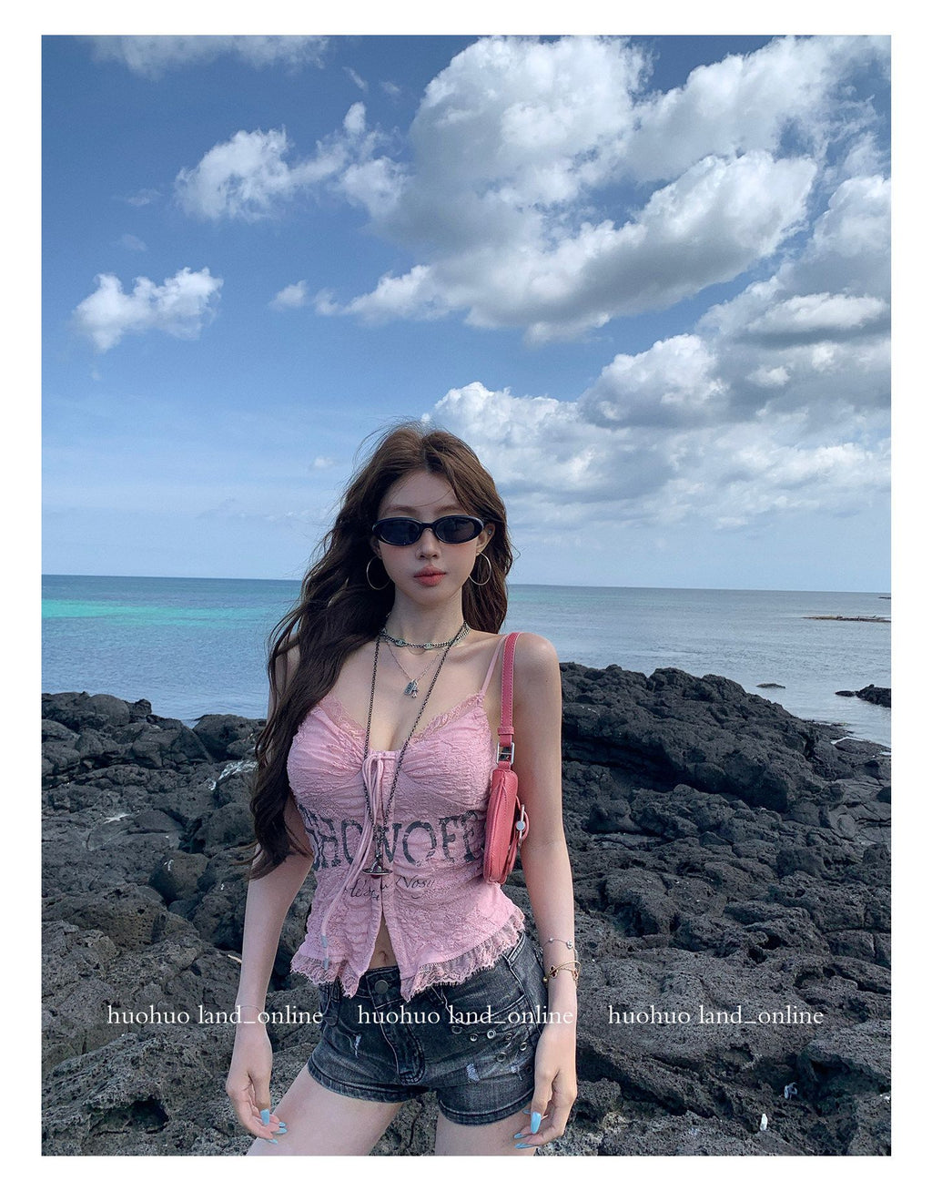 Lace Spliced Letter Print Chiffon Cami Top