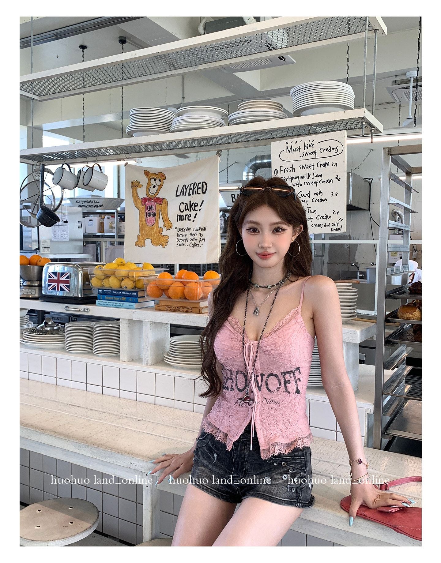 Lace Spliced Letter Print Chiffon Cami Top