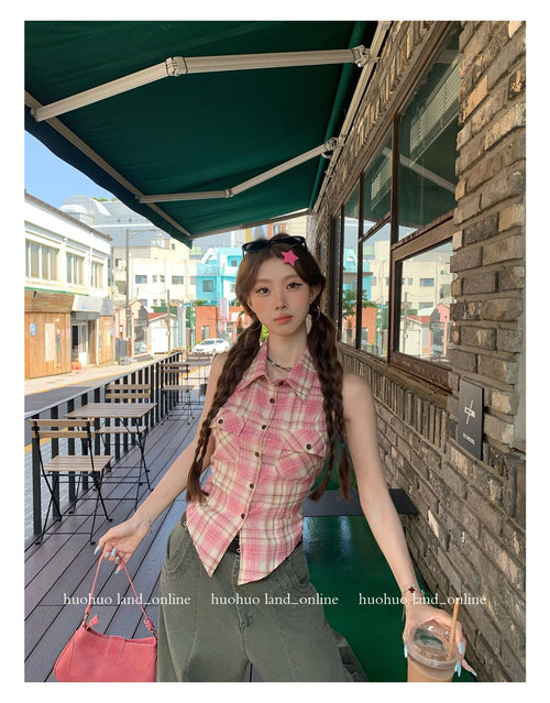 Collared Plaid Sleeveless Shirt
