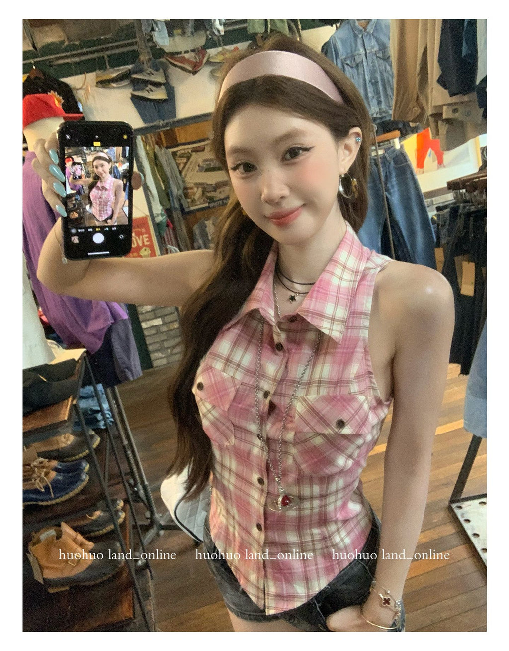 Collared Plaid Sleeveless Shirt