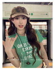 Color Block Letter Print Regular Shoulder Waist Cinched T-shirt