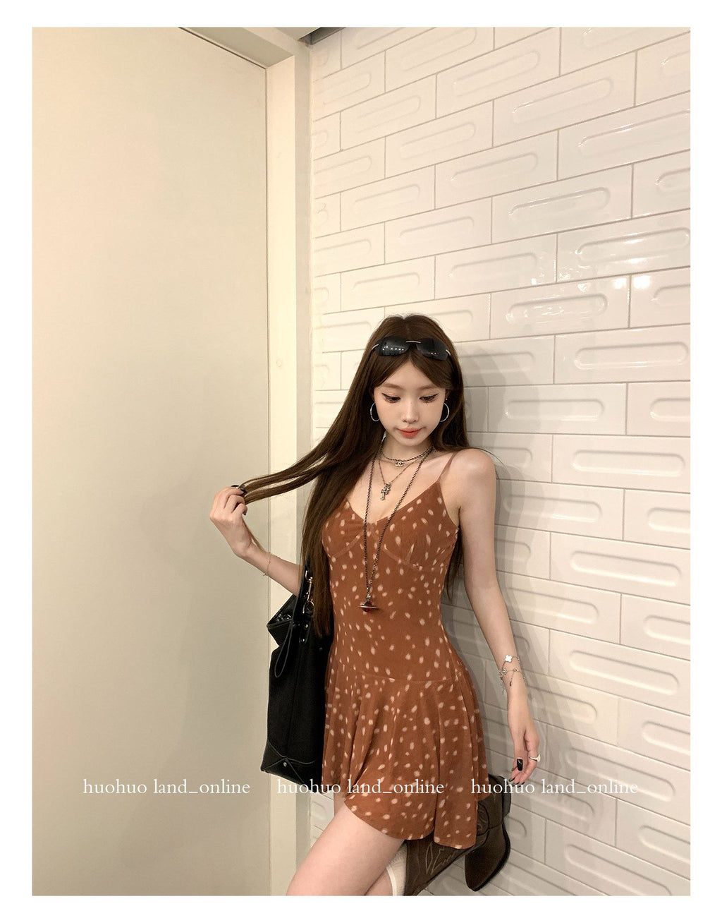 디어 스폿 프린트 러플 캐미 드레스