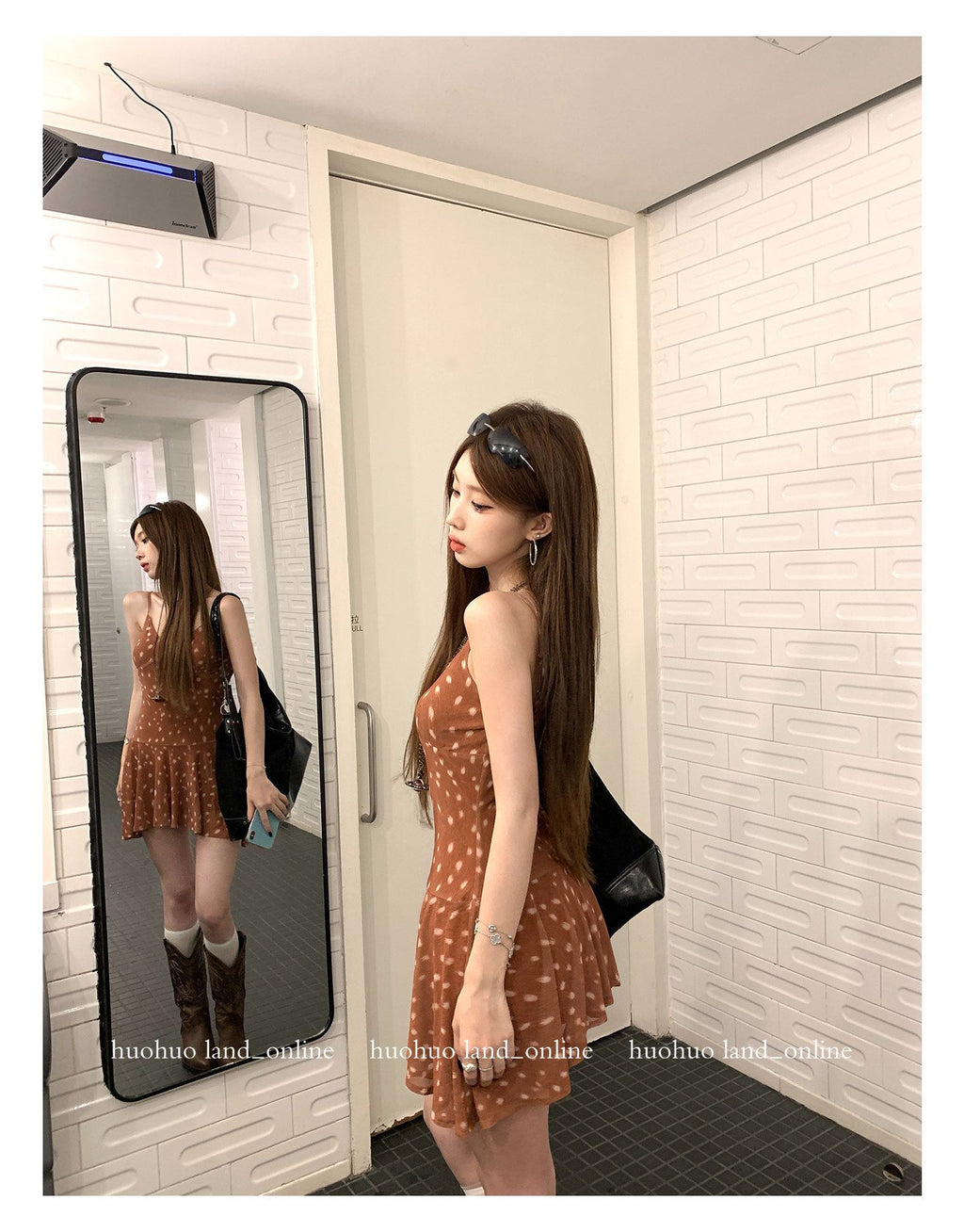 디어 스폿 프린트 러플 캐미 드레스