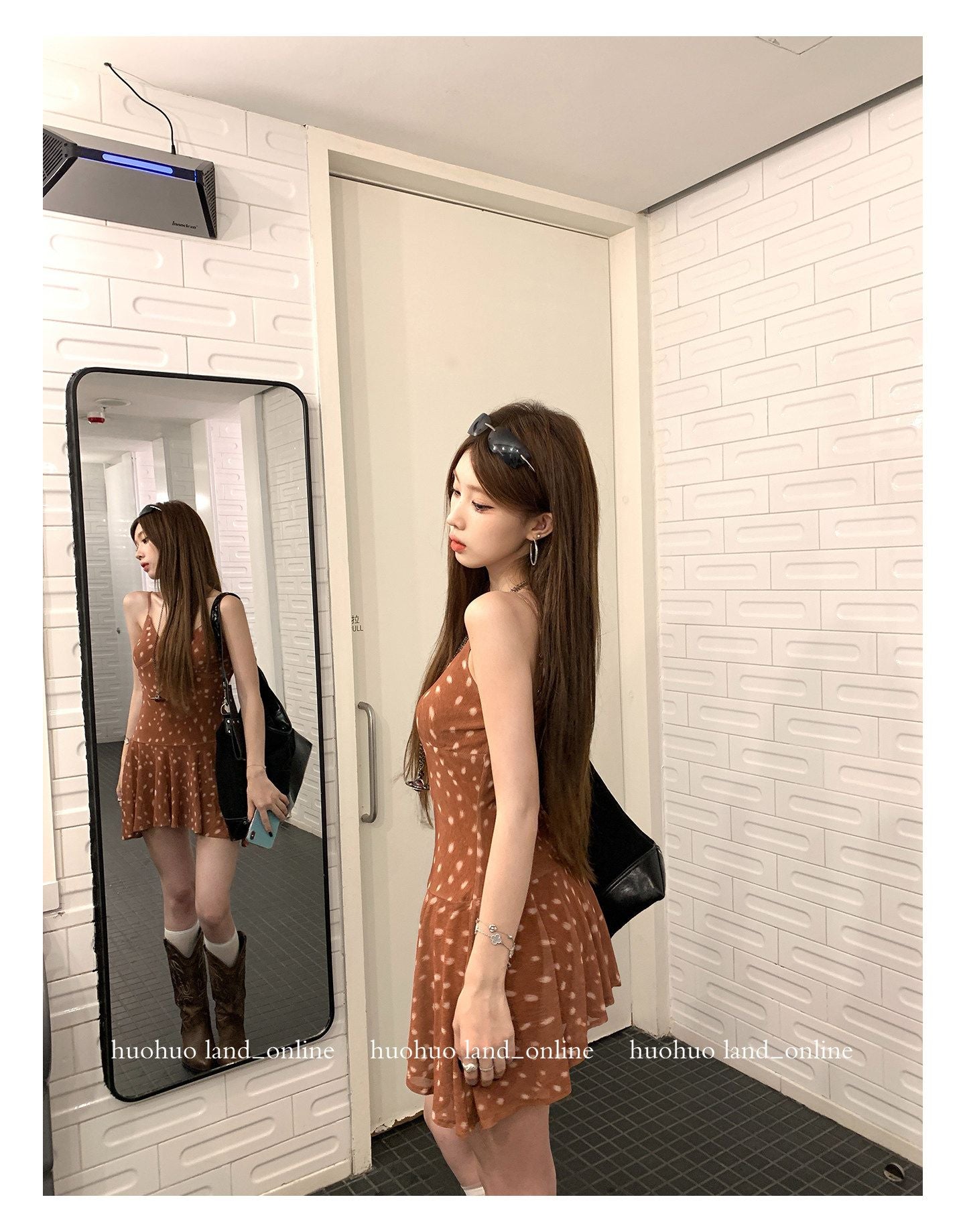 디어 스폿 프린트 러플 캐미 드레스