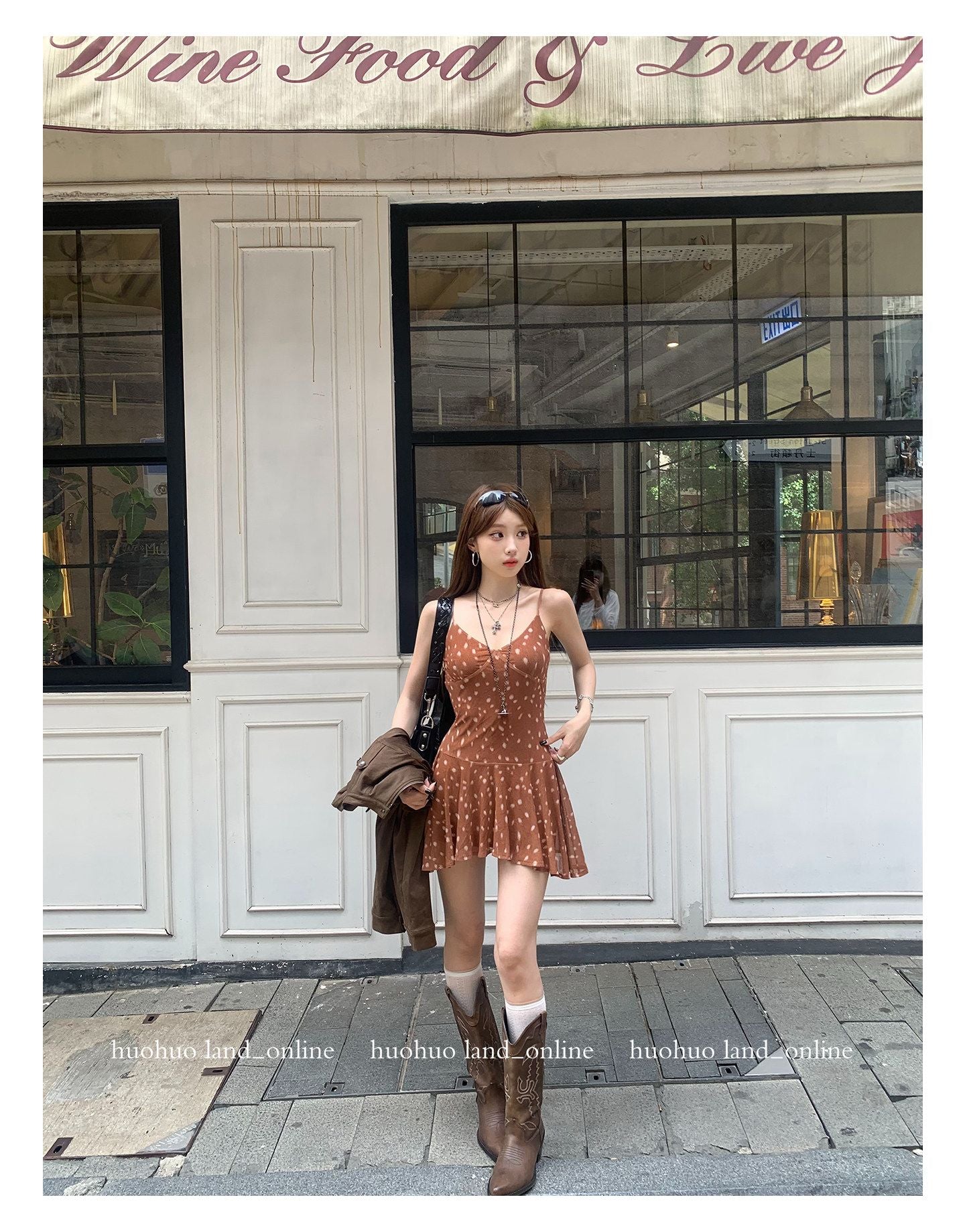 Deer‑Spot Print Ruffled Cami Dress