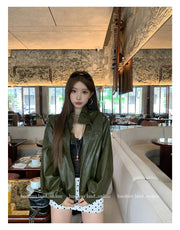 Motorcycle Style Loose Stand Collar PU Jacket