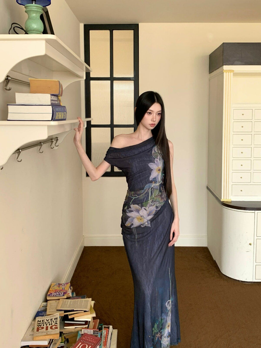New Chinese Retro Floral One-Shoulder Mesh Midi Maxi Dress