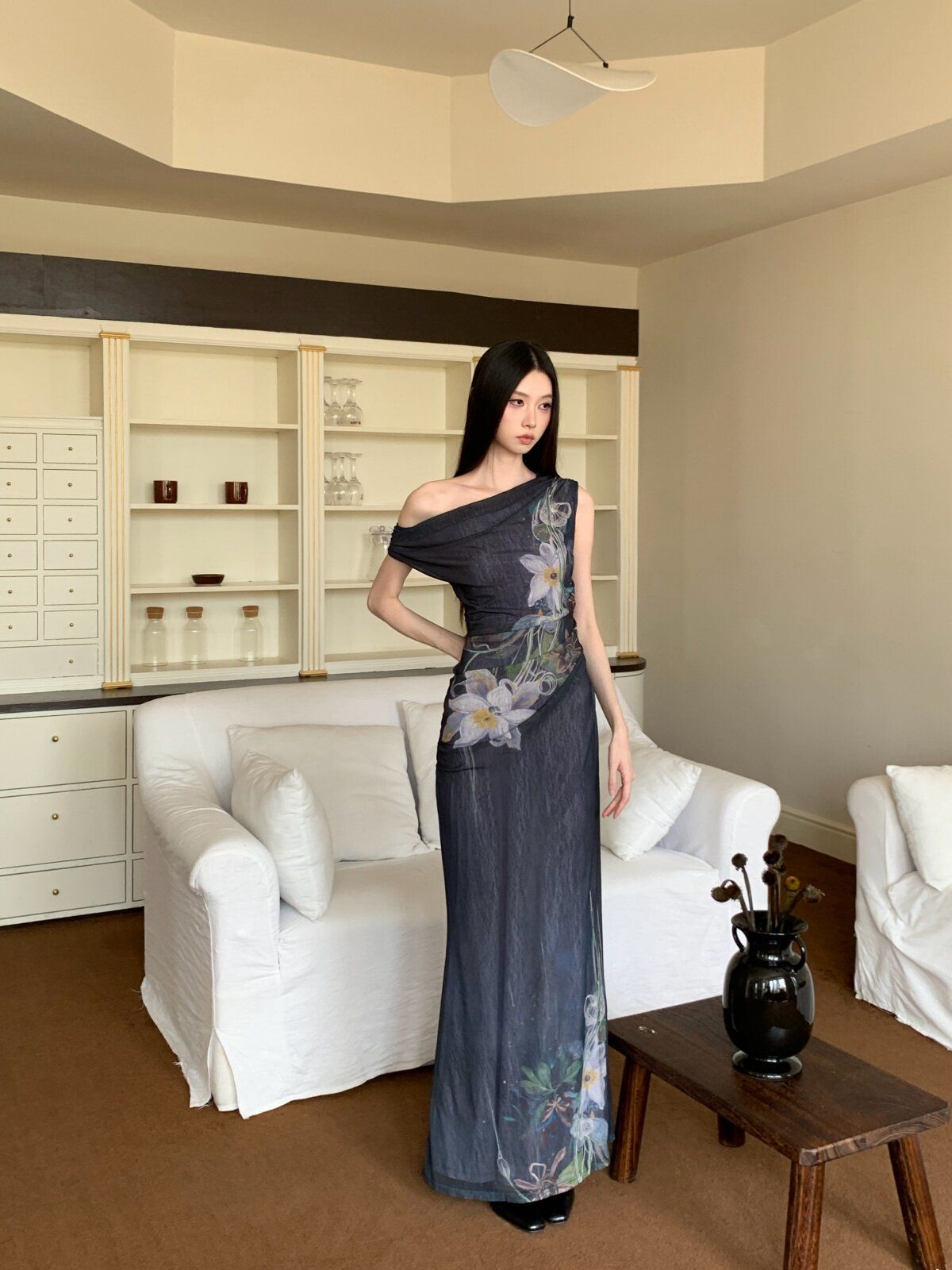 New Chinese Retro Floral One-Shoulder Mesh Midi Maxi Dress
