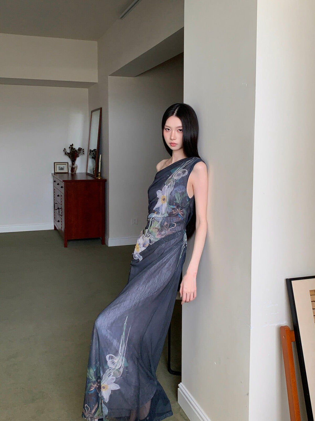 New Chinese Retro Floral One-Shoulder Mesh Midi Maxi Dress