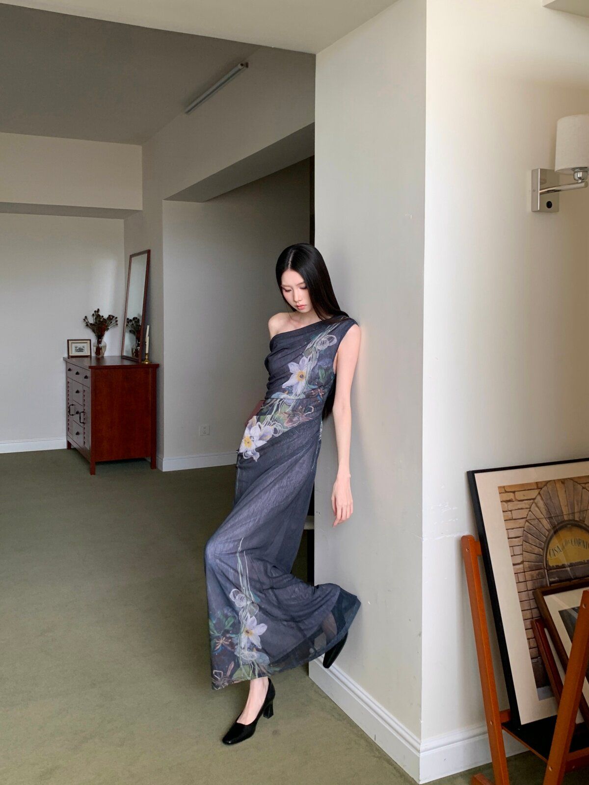 New Chinese Retro Floral One-Shoulder Mesh Midi Maxi Dress
