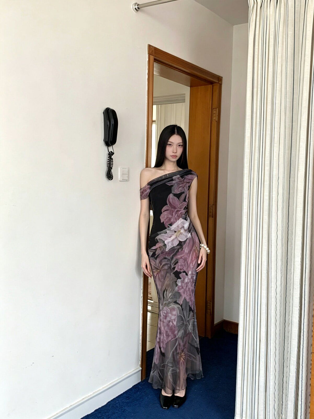 Slanted Shoulder Mesh Mermaid Dress, Floral Print Slim Party Dress