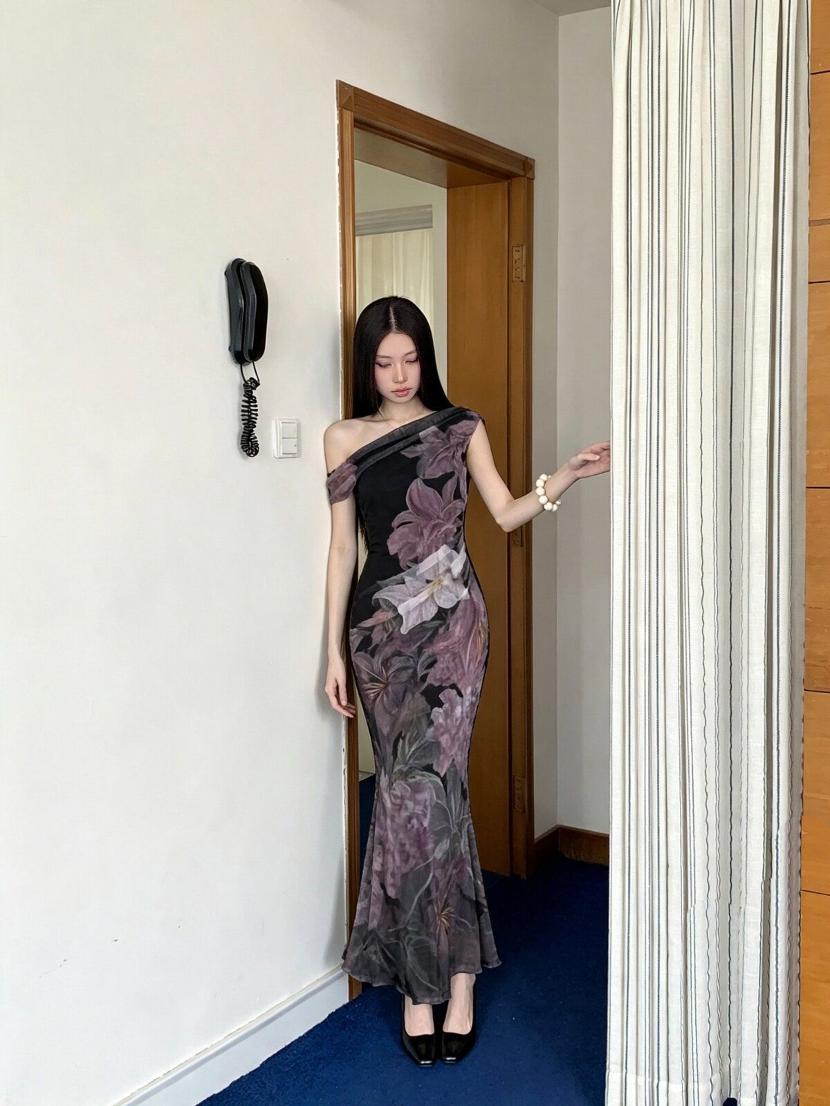 Slanted Shoulder Mesh Mermaid Dress, Floral Print Slim Party Dress