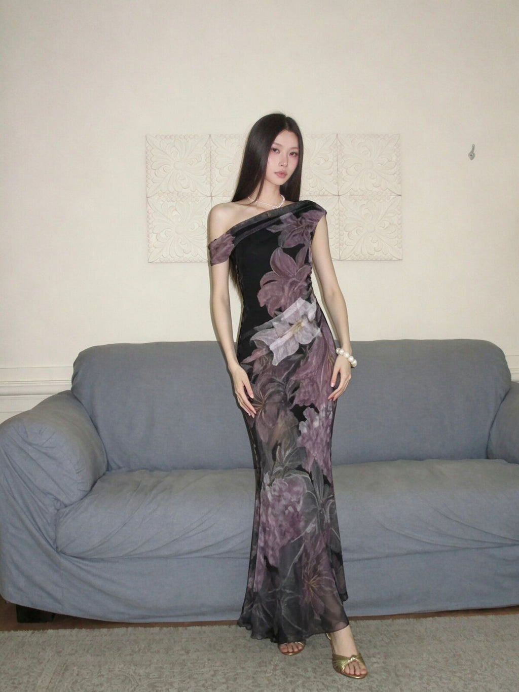 Slanted Shoulder Mesh Mermaid Dress, Floral Print Slim Party Dress