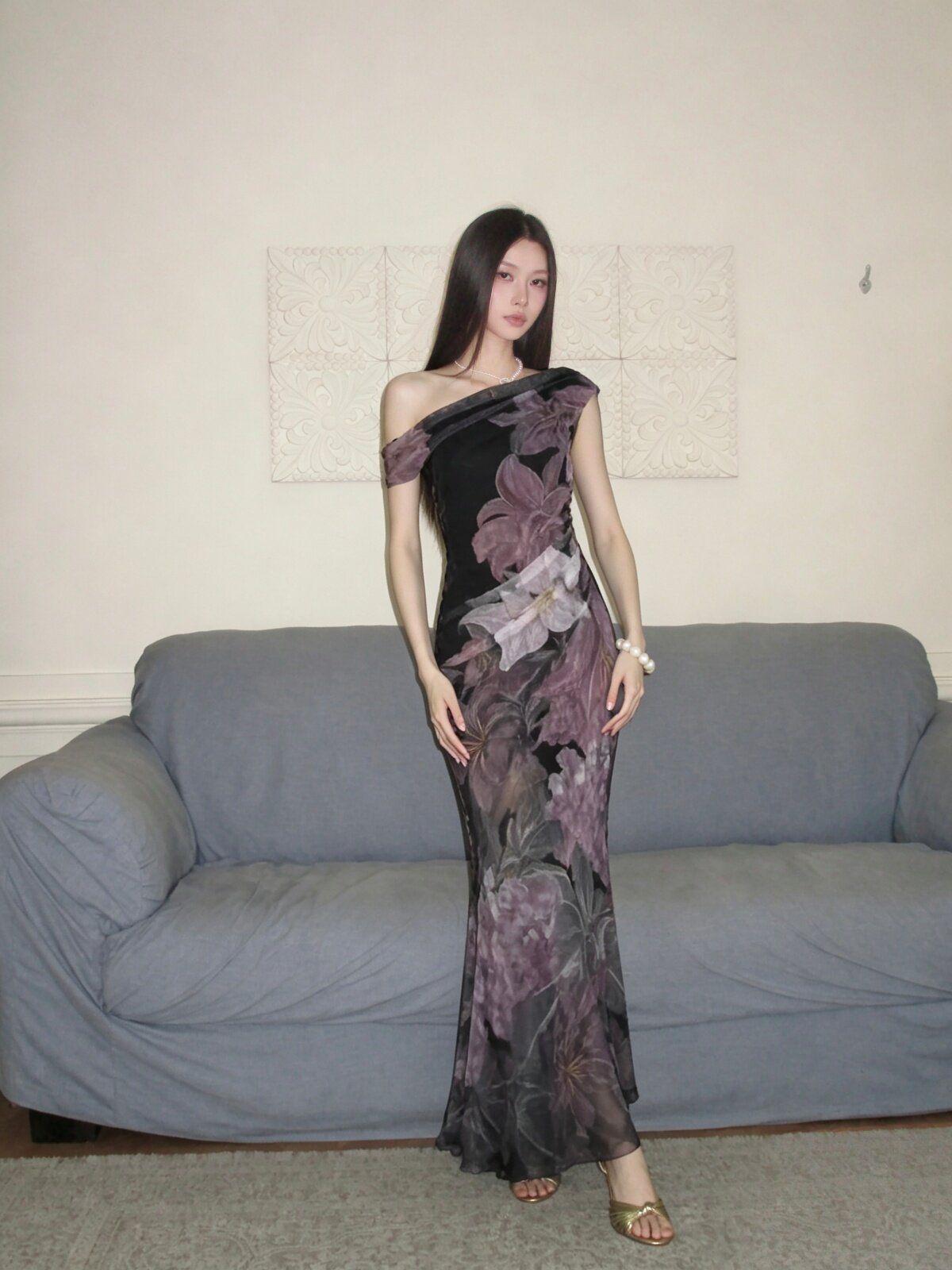 Slanted Shoulder Mesh Mermaid Dress, Floral Print Slim Party Dress