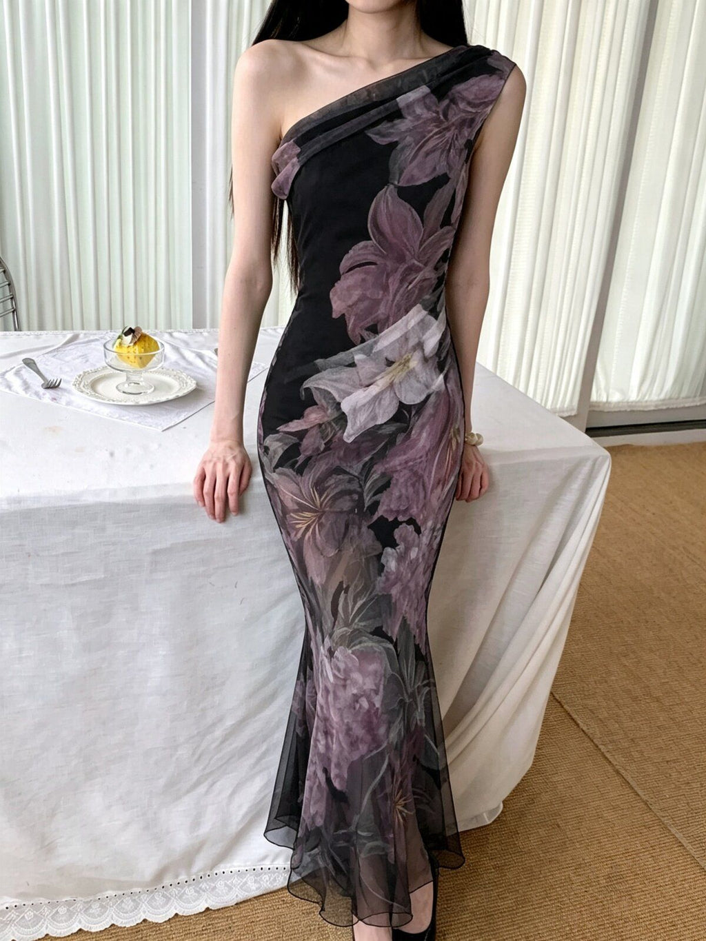 Slanted Shoulder Mesh Mermaid Dress, Floral Print Slim Party Dress