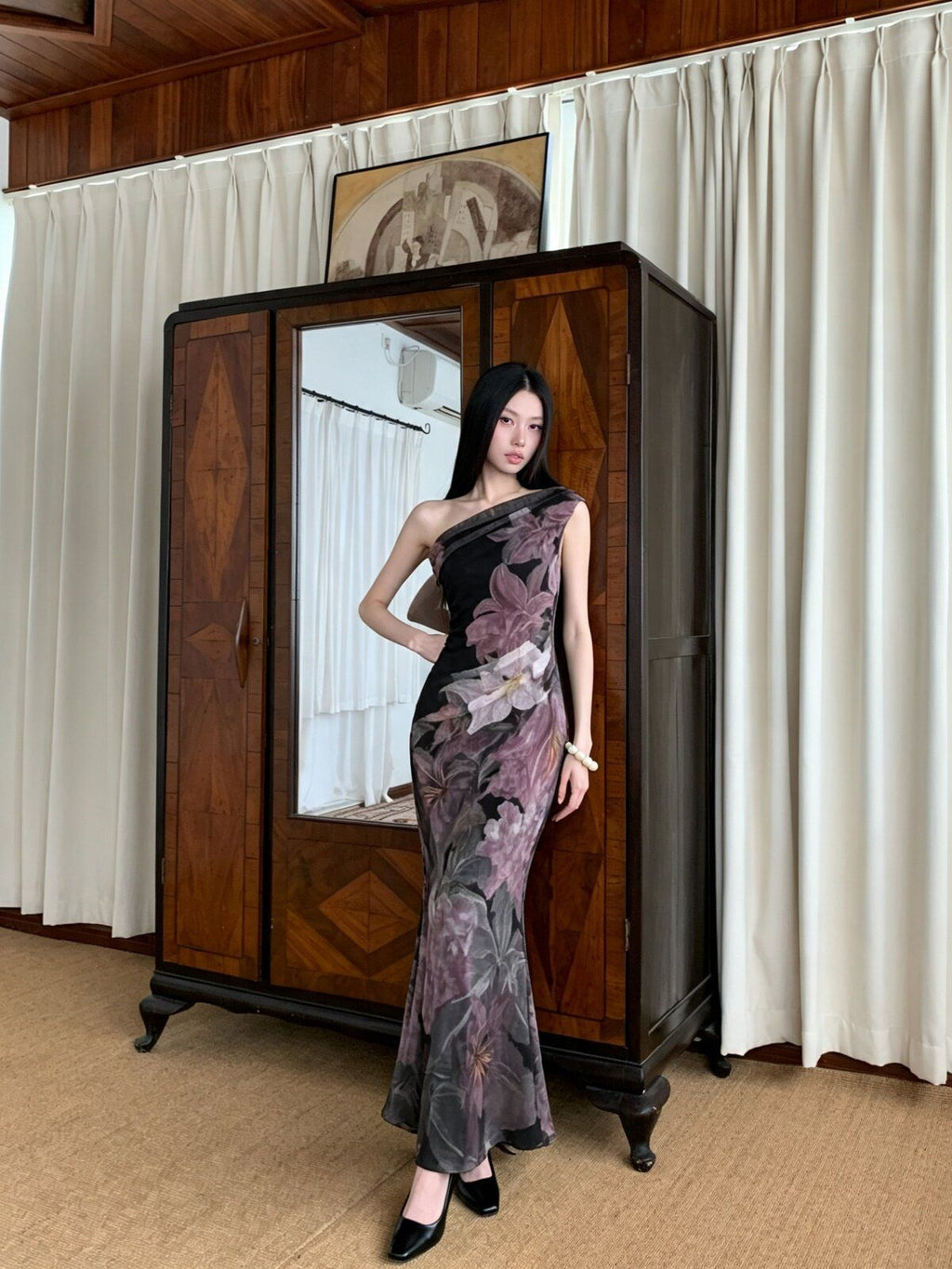 Slanted Shoulder Mesh Mermaid Dress, Floral Print Slim Party Dress