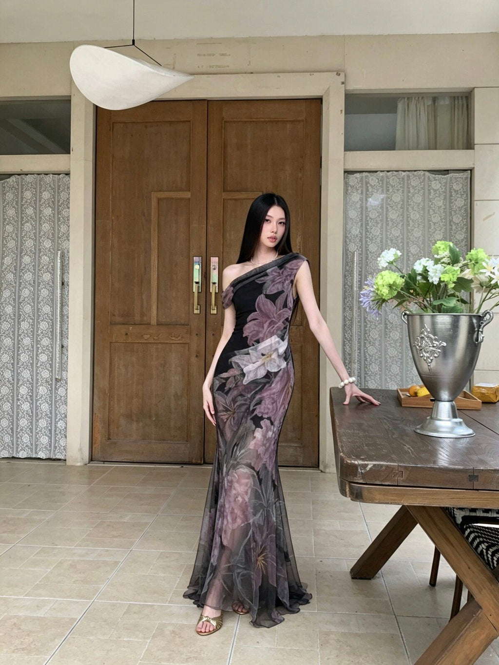 Slanted Shoulder Mesh Mermaid Dress, Floral Print Slim Party Dress