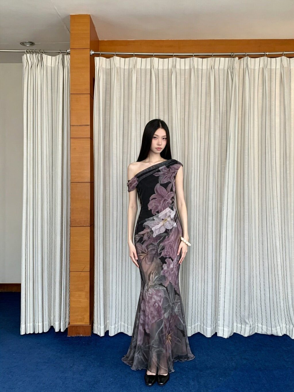 Slanted Shoulder Mesh Mermaid Dress, Floral Print Slim Party Dress