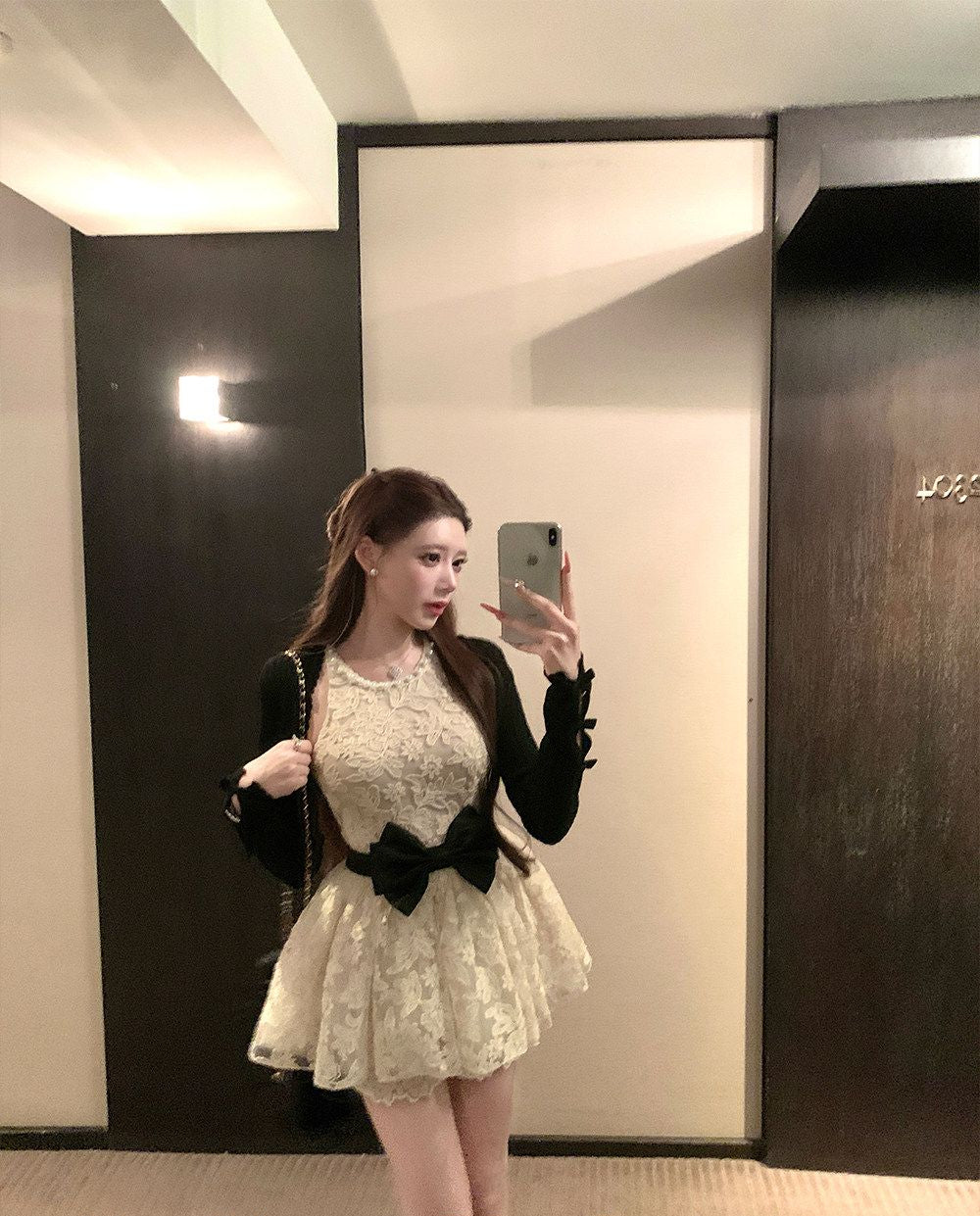 Lace Puff Dress & Lace Bodycon Skirt with Knitted Shawl Matching Set