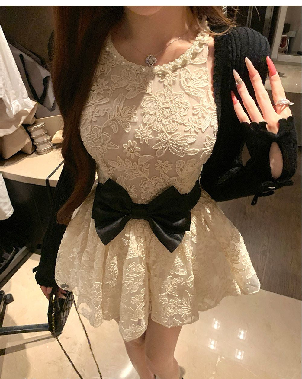 Lace Puff Dress & Lace Bodycon Skirt with Knitted Shawl Matching Set