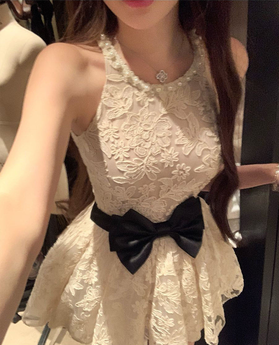 Lace Puff Dress & Lace Bodycon Skirt with Knitted Shawl Matching Set