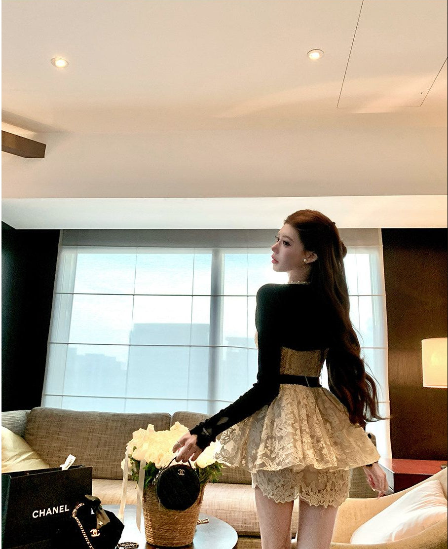 Lace Puff Dress & Lace Bodycon Skirt with Knitted Shawl Matching Set