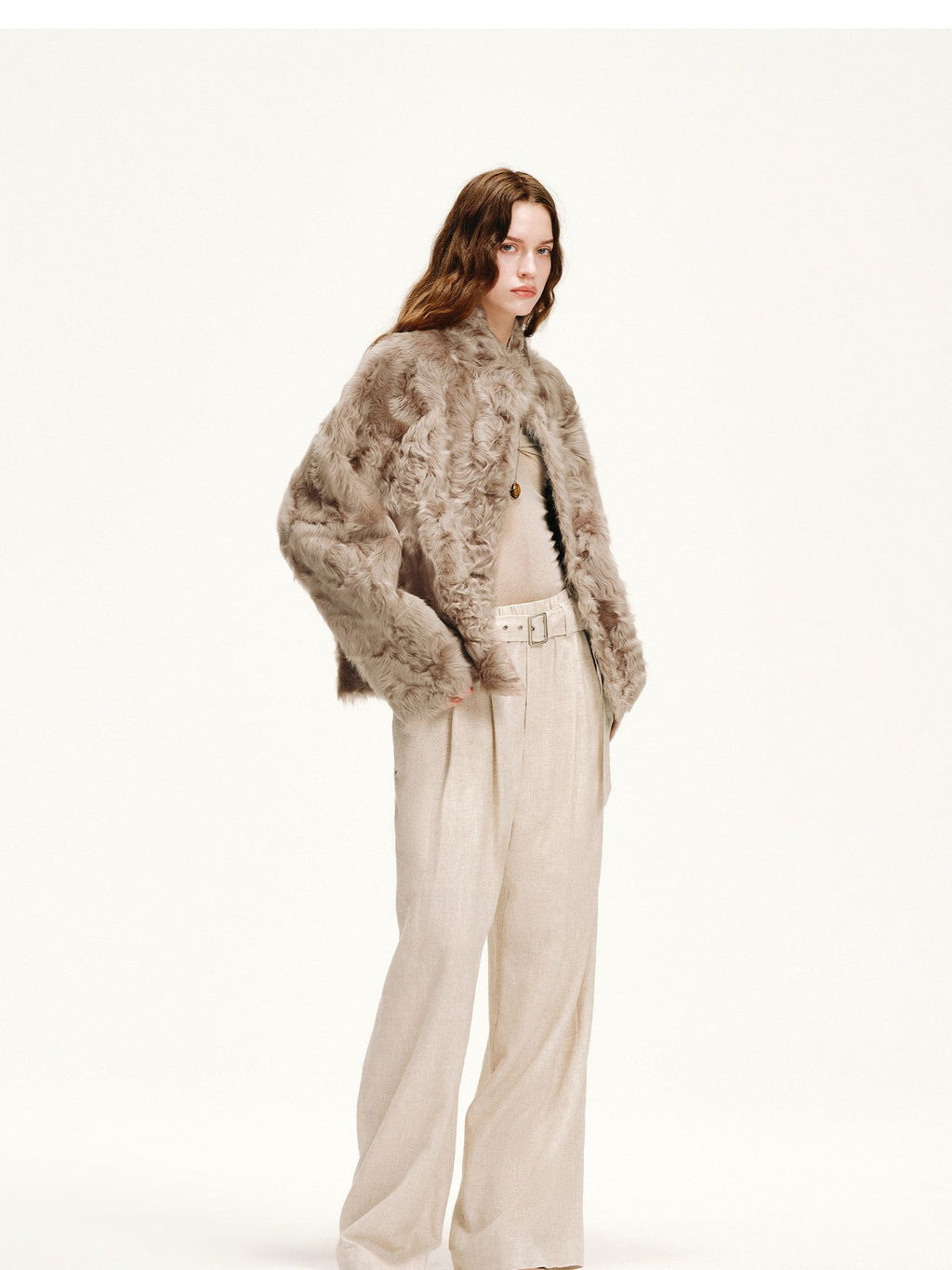 Lightweight Natural Water Ripple Curly Fur Stand Collar Shearling Coat