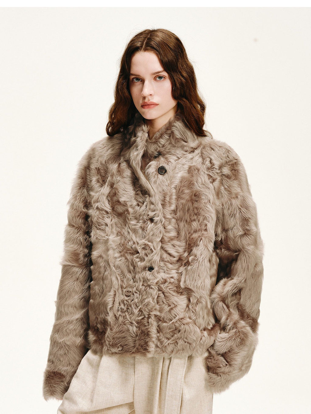 Lightweight Natural Water Ripple Curly Fur Stand Collar Shearling Coat