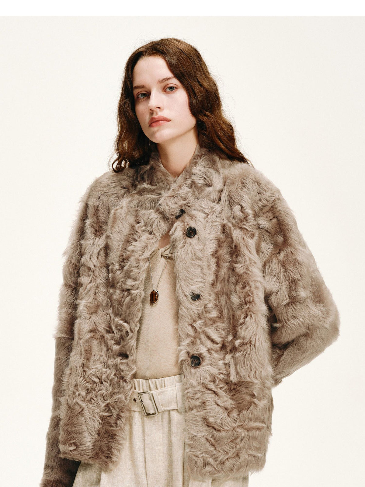 Lightweight Natural Water Ripple Curly Fur Stand Collar Shearling Coat