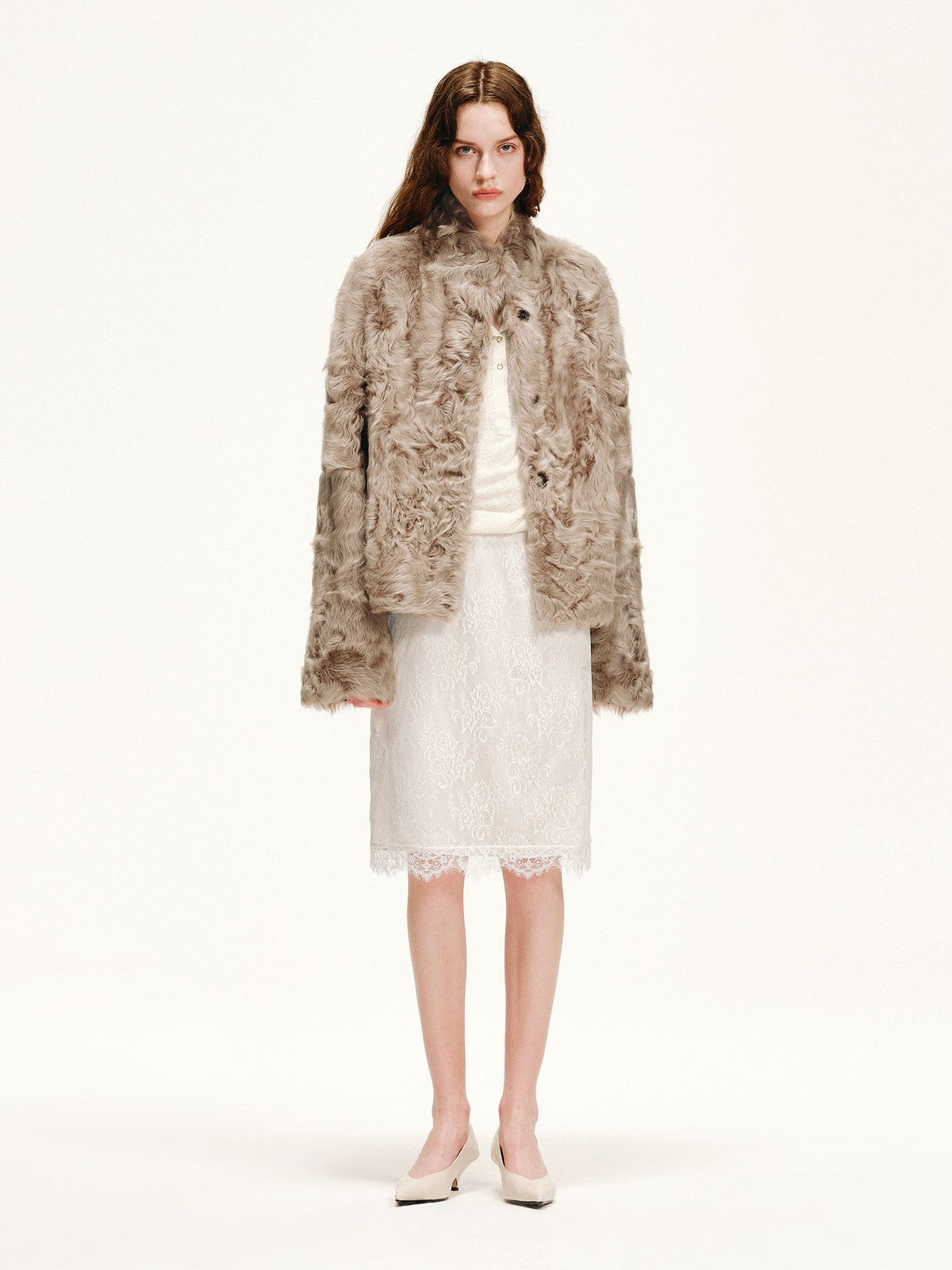 Lightweight Natural Water Ripple Curly Fur Stand Collar Shearling Coat