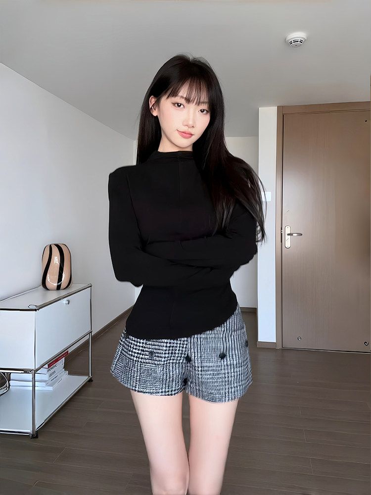 Wool Blend Houndstooth Plaid Pleated Skirt, Detachable 2-in-1 Thick Skort